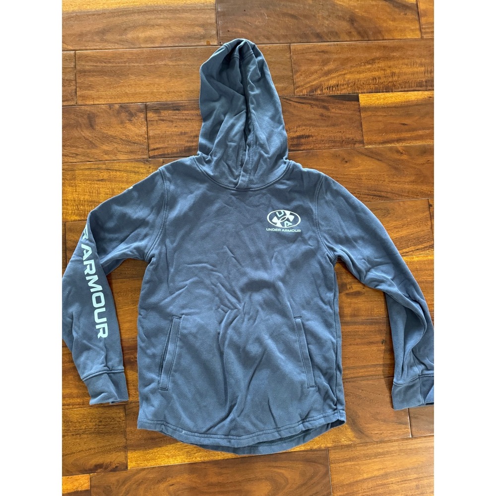 Under Armour Hoodie Boys Youth Medium Navy Blue Graphic Sleeve Pullover